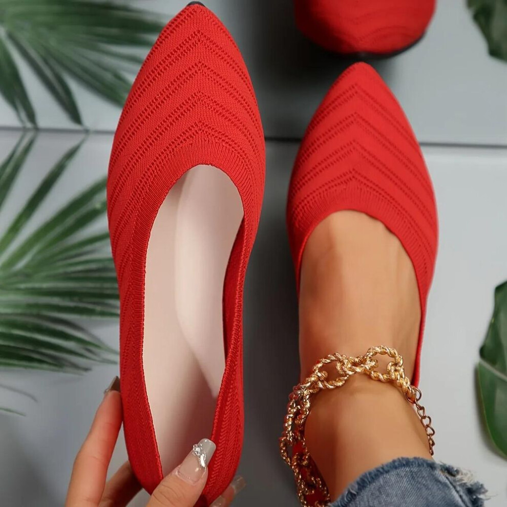 (red, 38) Women&apos;s Pointed Toe Flat Shoes Solid Color Knitted Slip On Shoes Casual Breathable Flats Women Flat Loafers Comfort Ladies Shoes
