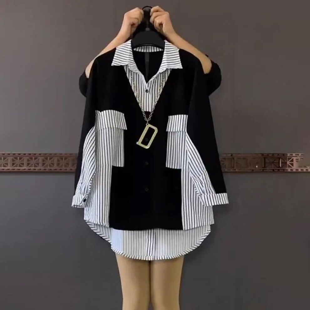 (6XL, black) Fashion Korean Striped Patchwork Shirt Female Casual Long Sleeve All-match Loose Single-breasted Blouse Women&apos;s Clothing