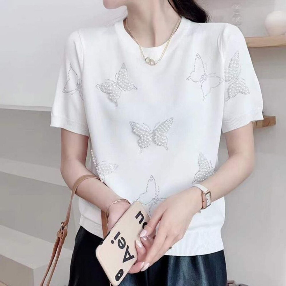 (L, white) Summer O Neck Puff Short Sleeve Women T-shirts Sweet Pearl Embroidery Female Knitted Tops Korean Chic Butterfly Beading Tees