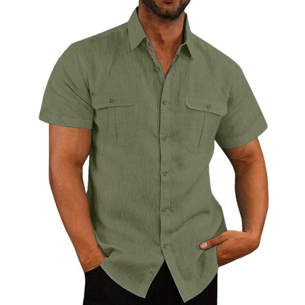 (2XL, army green) Summer Cotton Linen Casual Shirts Men Short Sleeve Solid Color Turn Down Collar Shirt Mens Breathable Beach Style Blouse 5xl