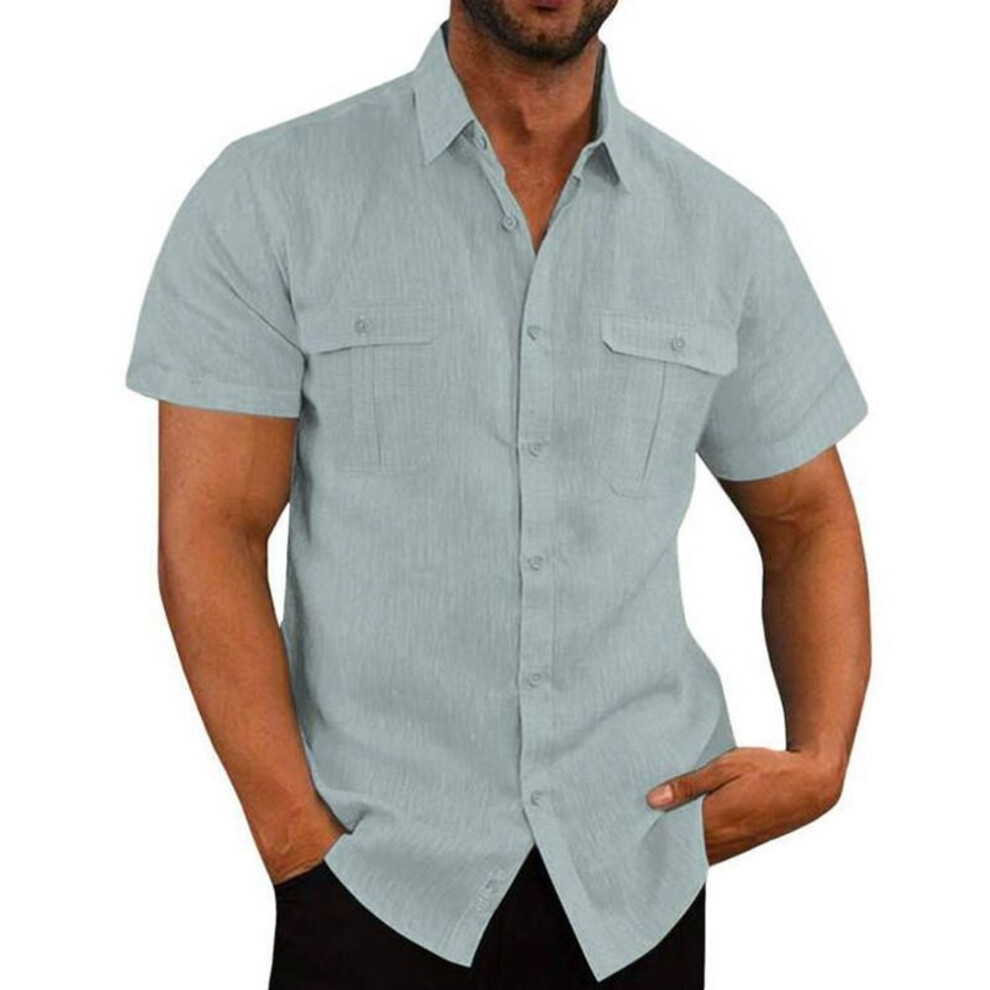 (2XL, grey) Summer Cotton Linen Casual Shirts Men Short Sleeve Solid Color Turn Down Collar Shirt Mens Breathable Beach Style Blouse 5xl