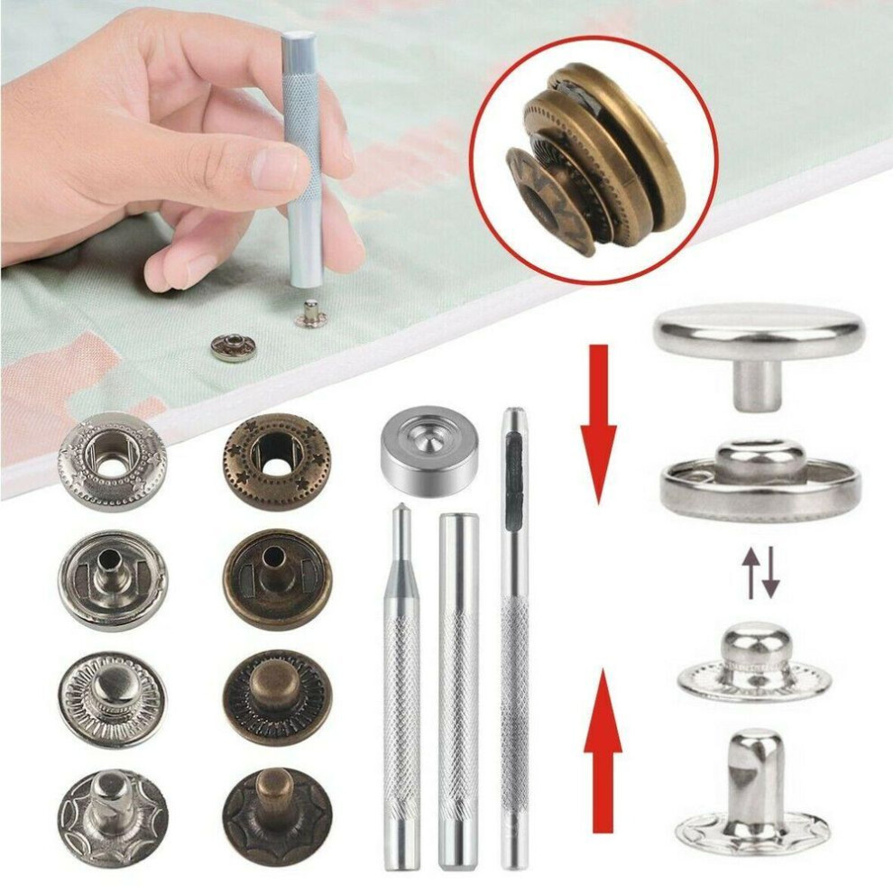 120pcs Heavy Duty Snap Fasteners 12mm Sets Press Studs Kit Poppers Buttons Tools