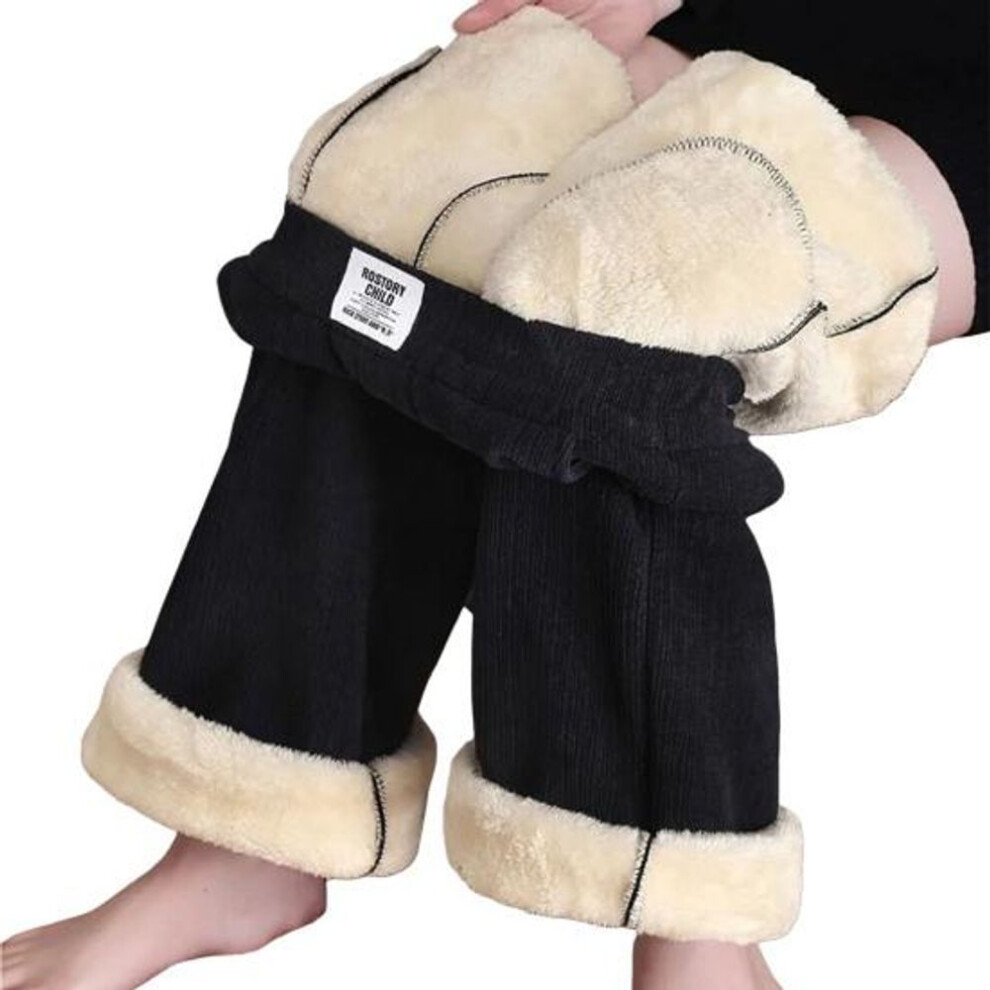 (black, M) Winter Pants Elastic High Waist Straight Wide Leg Long Trousers with Pockets Solid Color Thickened Plush Lining Women Pants