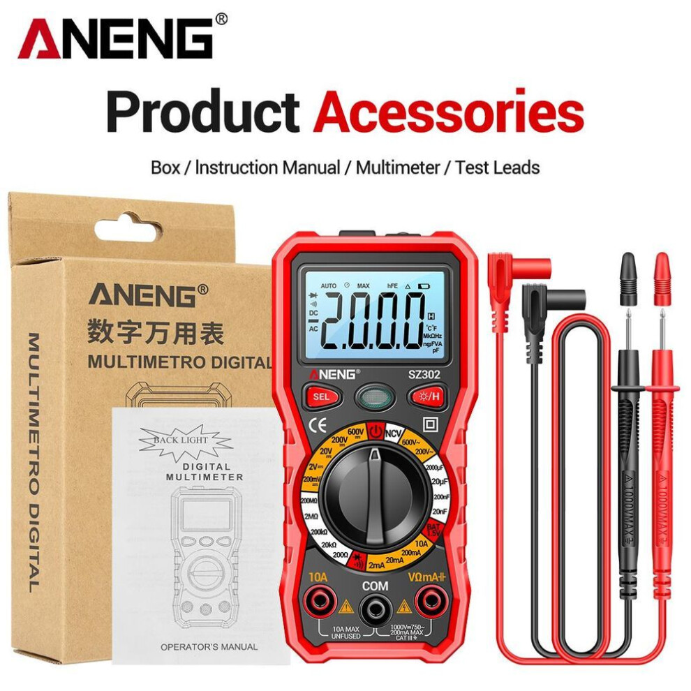 (red, with box) Aneng Sz302 Digital Multimeter Ac/dc Votage Current Automatic Tester Ncv Detector Resistance Ohm Ammeter Capacitance Meter