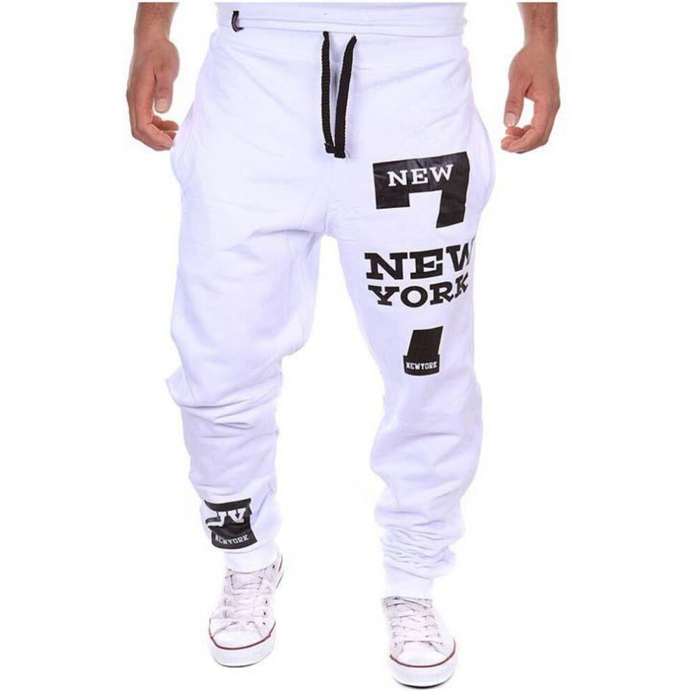 (white, L) Mens  Printed Joggers Casual Cotton Long Pants New Sports Trousers Fitness Pants
