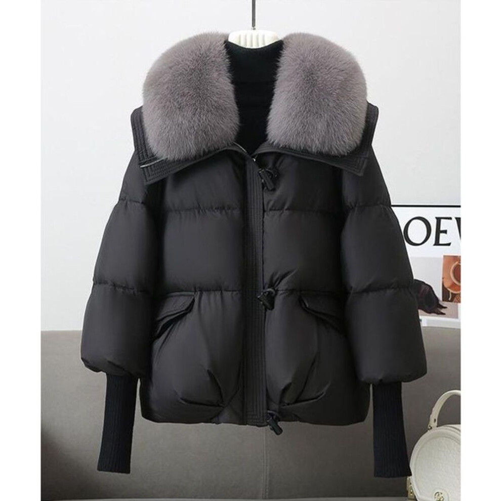 (black, XL) Winter New Fur Collar Puffer Down Parka Loose Down Warmer Thicken Snow Jacket Pocket Zipper Faux Fur Outerwear Female