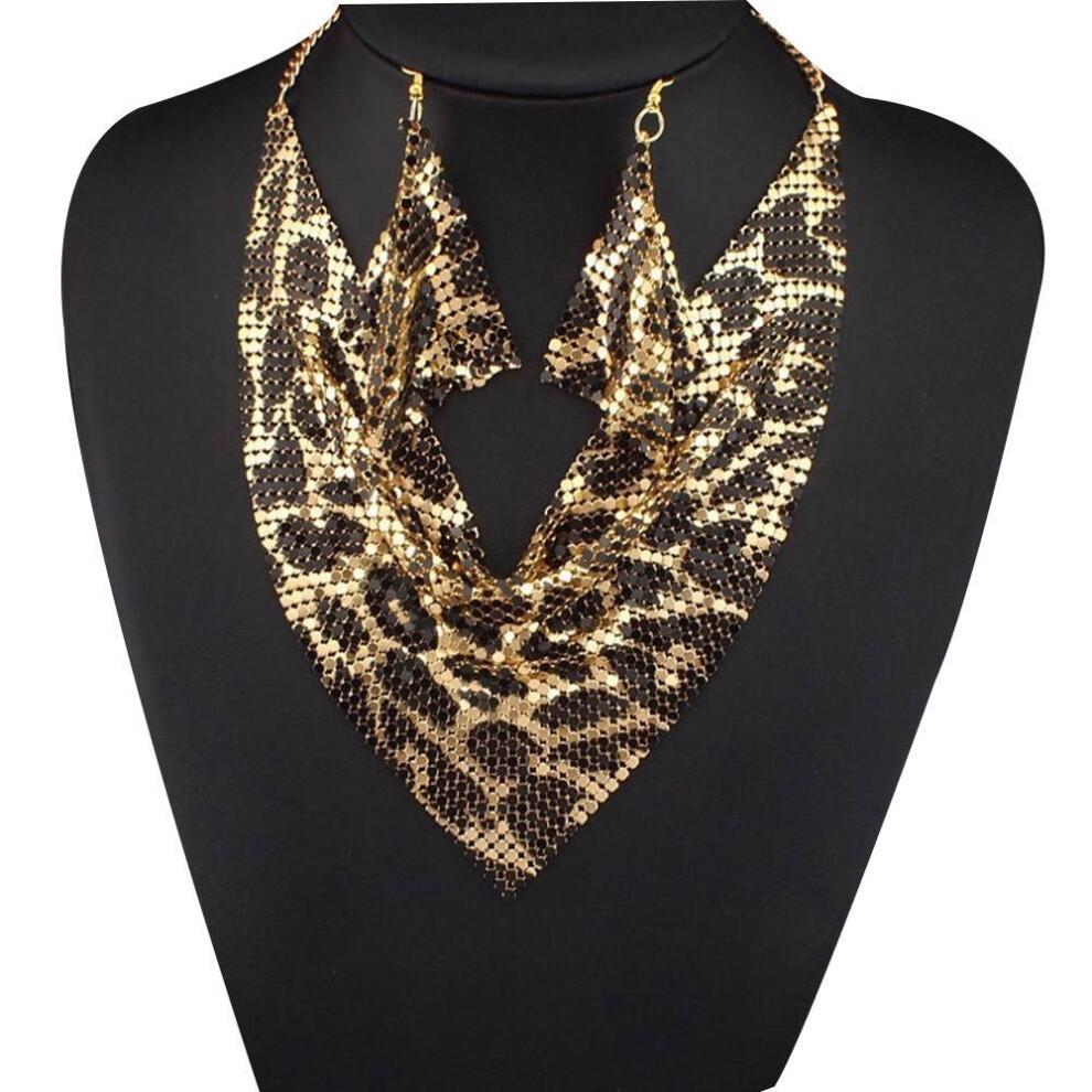 (black,golden, one size) Fancy Trinket 2pcs/set Triangular Scarf Sequins Statement Bib Necklace Earrings