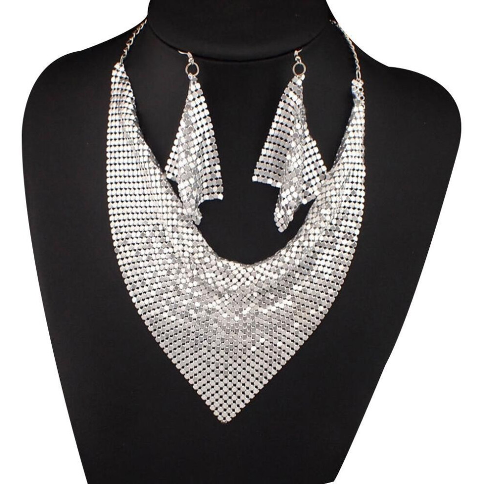 (silver, one size) Fancy Trinket 2Pcs/Set Triangular Scarf Sequins Statement Bib Necklace Earrings