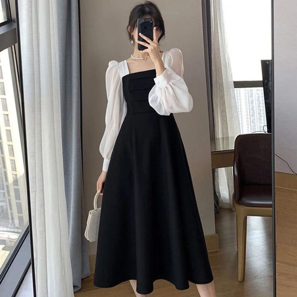 (black, S) Summer Women Dresses Long Sleeve Elegant Square Collar Soft Vintage A-line Black French Style Dress Lolita Harajuku Robe