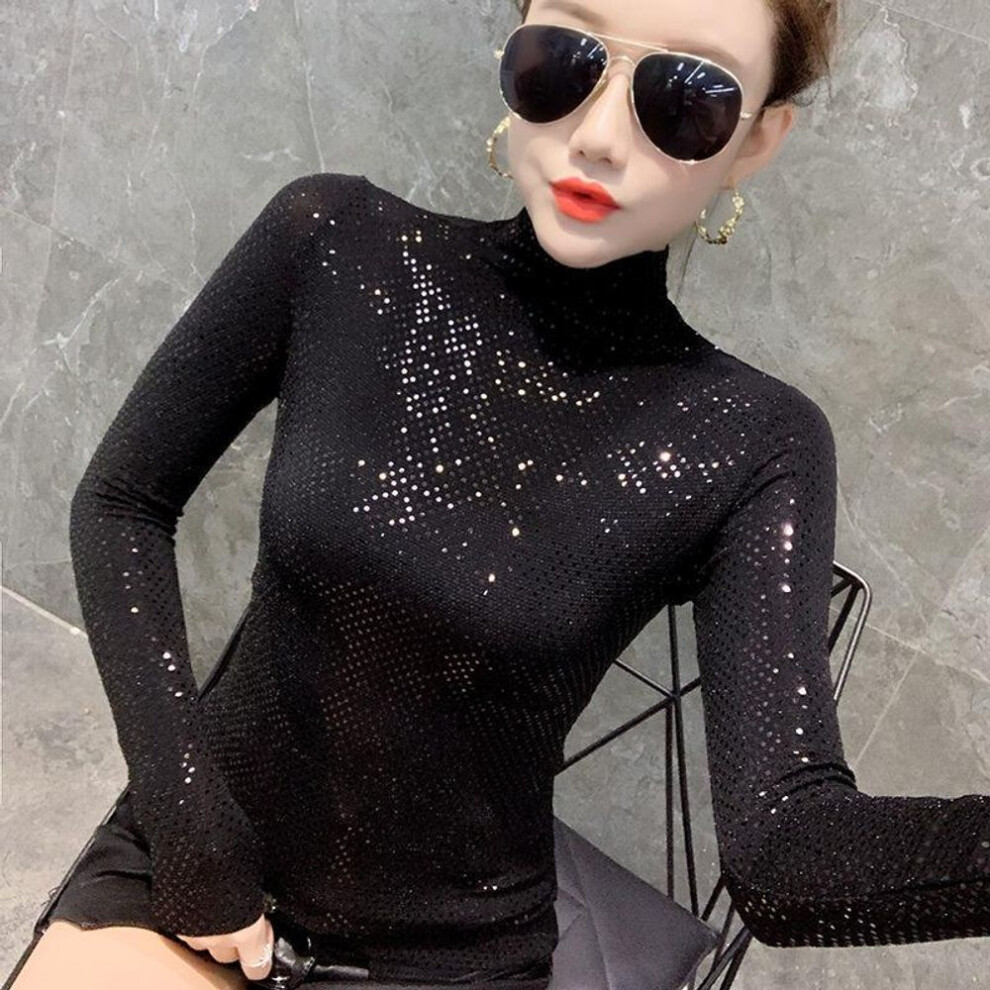 (2XL, black) Spring Autumn Women&apos;s Turtleneck Tops Long Sleeve Elastic Bottoming T-shirt Sexy Shiny Korean Sequined T Shirt Woman Tees Shirt