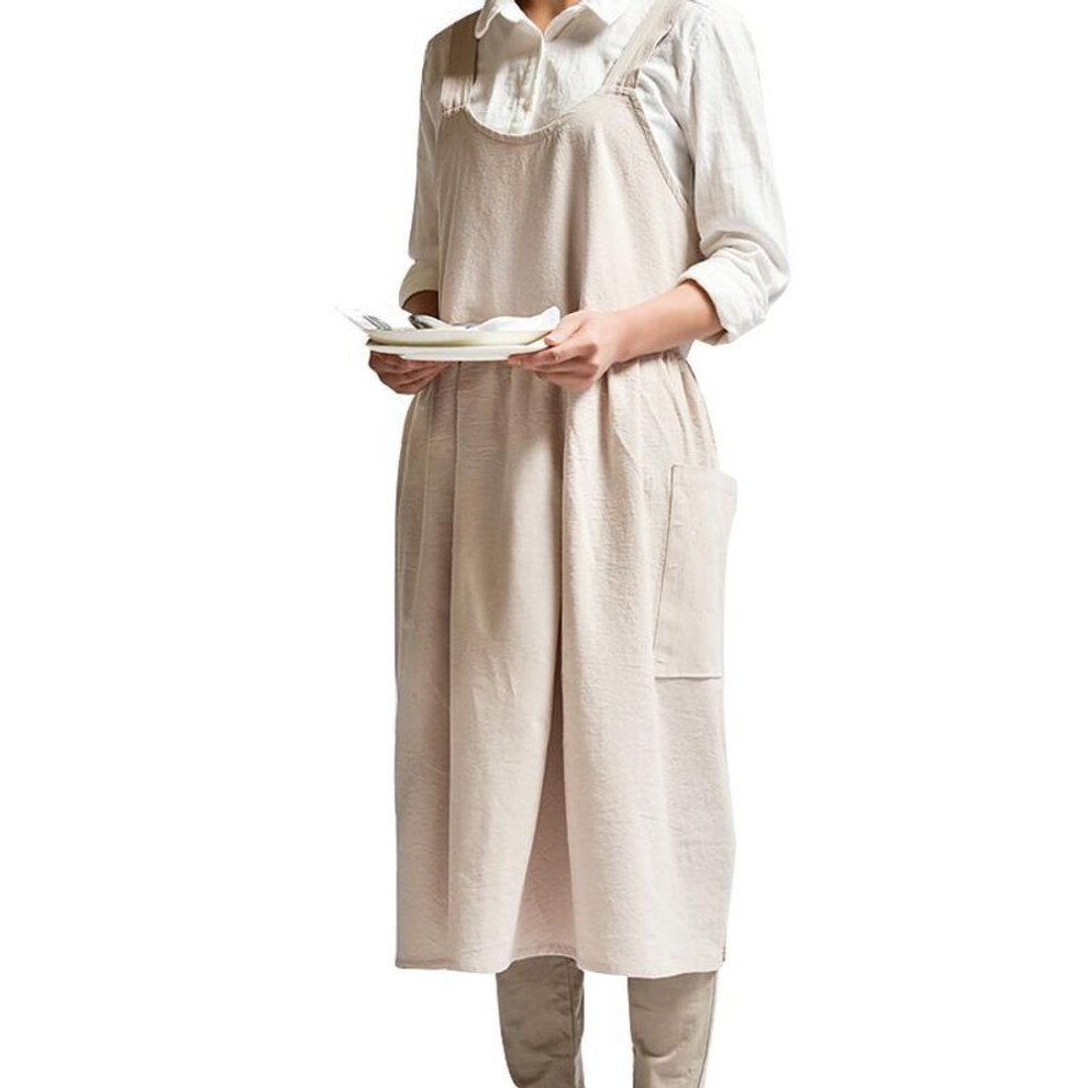 (beige) Women Cotton Linen Japanese Housework Baking Aprons Dress Sleeveless Aprons Restaurant Flower Shop Home Cooking Apron