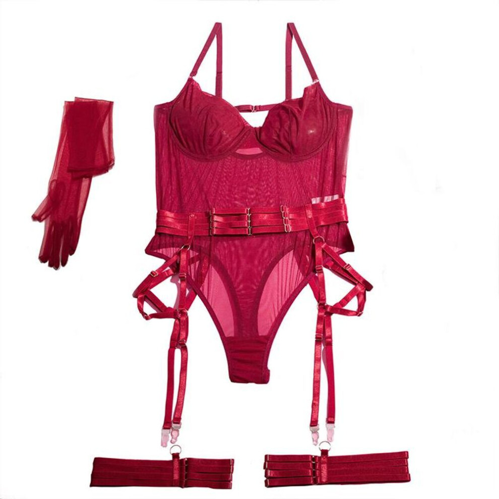 (wine red, M) Sexy Female Mesh Steel Ring One-piece Erotic Perspective Lingerie Gloves Garter Sex Women Ladies Bodysuit Porn Jumpsuit