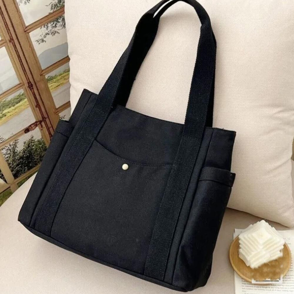 (black) Large Capacity Canvas Tote Bags for Work Commuting Carrying handbag College Style Student Outfit Book Shoulder Bag