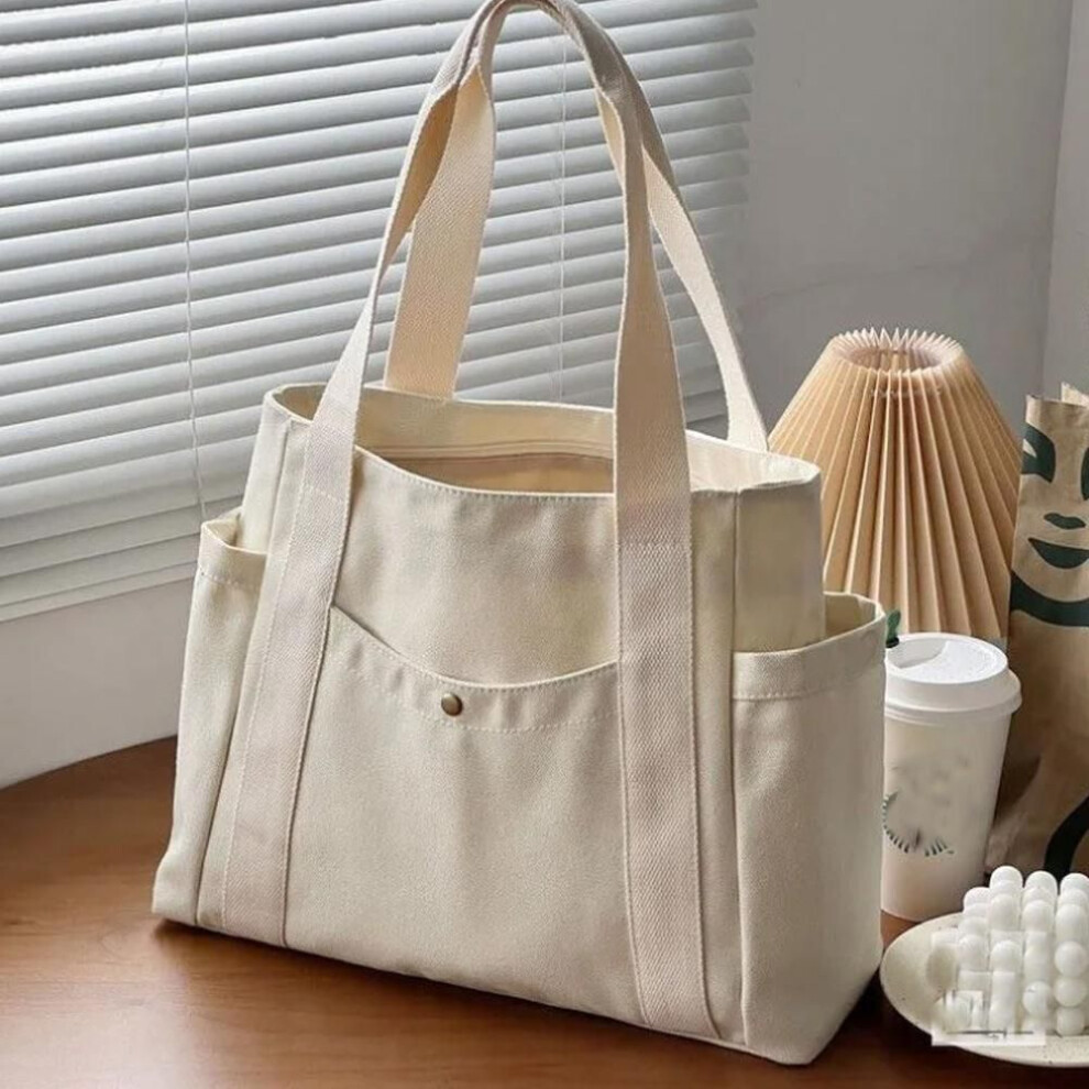(white) Large Capacity Canvas Tote Bags For Work Commuting Carrying Handbag College Style Student Outfit Book Shoulder Bag