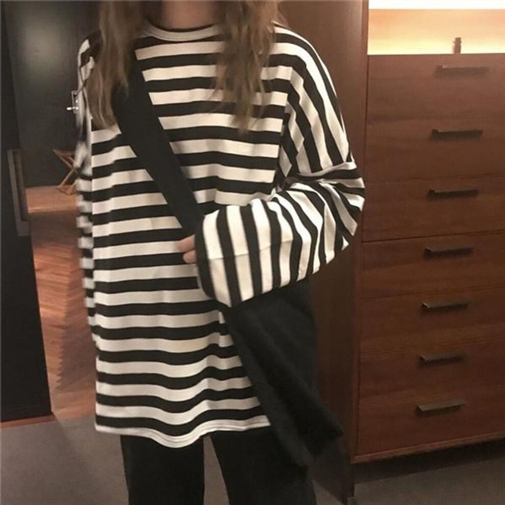 (M, black) Spring Autumn Women Harajuku Striped Tshirt Long Sleeve O-neck T-shirts Ulzzang Korean Casual Oversized T Shirt Femme Black Tops