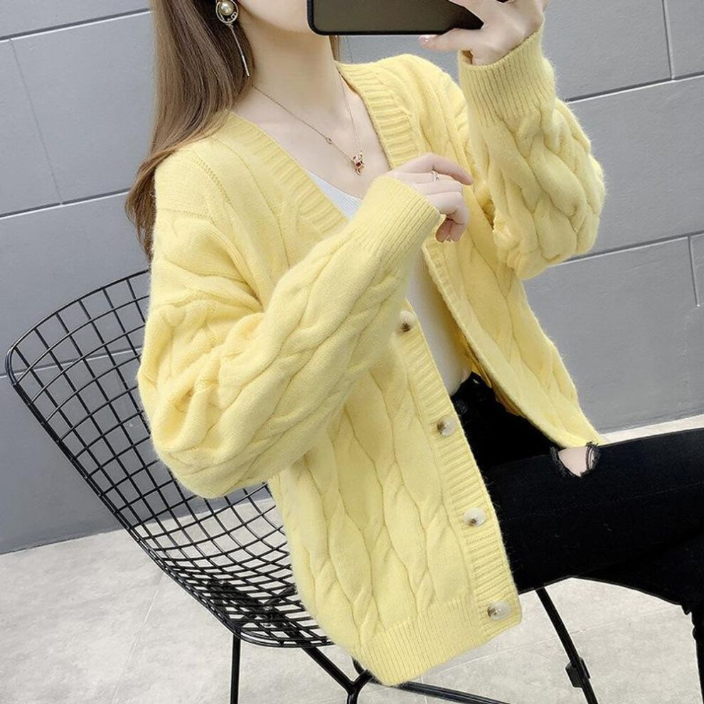 (One Size, yellow) Women&apos;s Knitted Cardigan Sweater Loose Fashion New Autumn And Winter Western Style Casual Jacket Coat Women