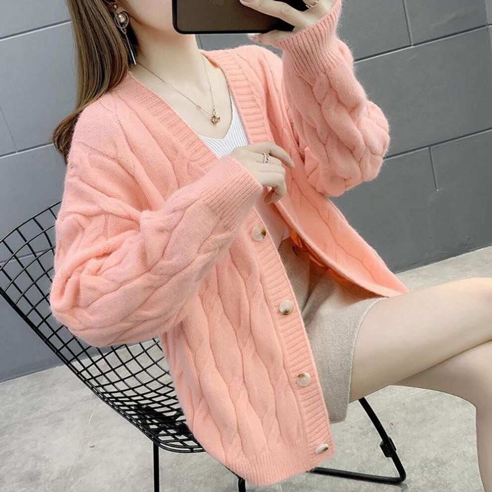 (One Size, pink) Women&apos;s Knitted Cardigan Sweater Loose Fashion New Autumn And Winter Western Style Casual Jacket Coat Women