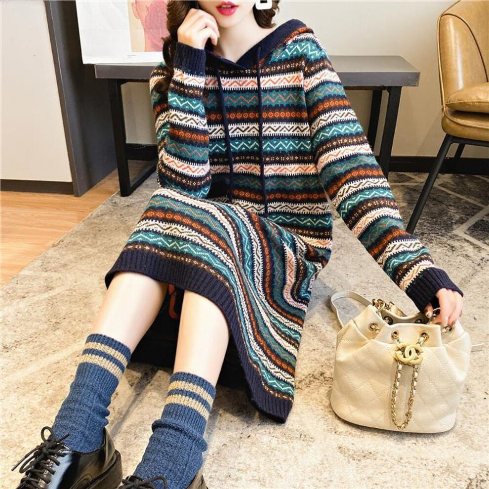 (navy blue, One Size) Long Retro Striped Sweater Dress Female Loose Long-sleeved Hooded Pullover Sweater