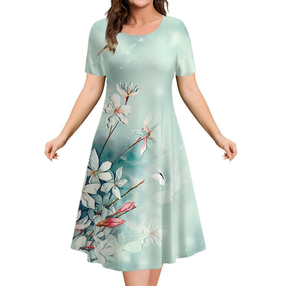 (as the picture, 2XL) Fashion Elegant Women's Dresses Loose A-line Dress Women Shorty-sleeved Top Simplicity Flowers Casual Ladies Pullover Clothing