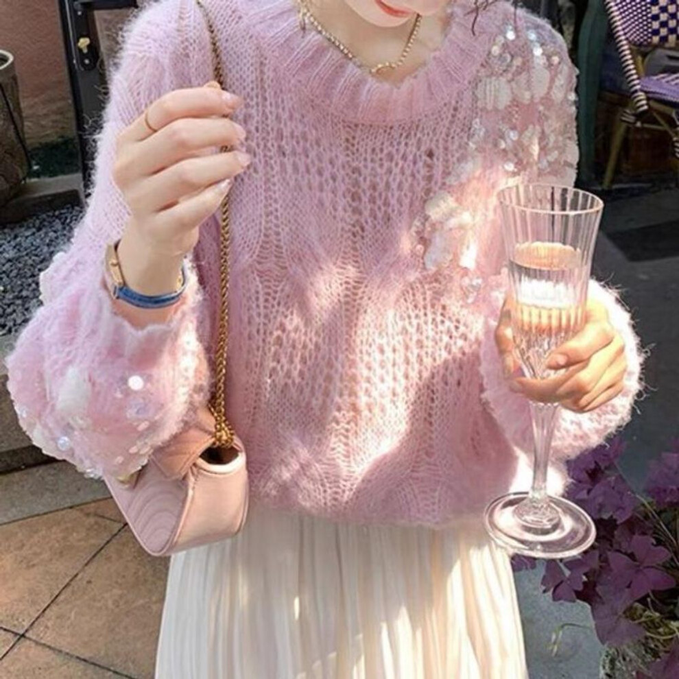 (One Size, pink) Small Fragrance Sequins Pullover Sweater Women Loose Wind Early Autumn 2022 Japanese Long Sleeve O Neck Knitwear Pullover Top