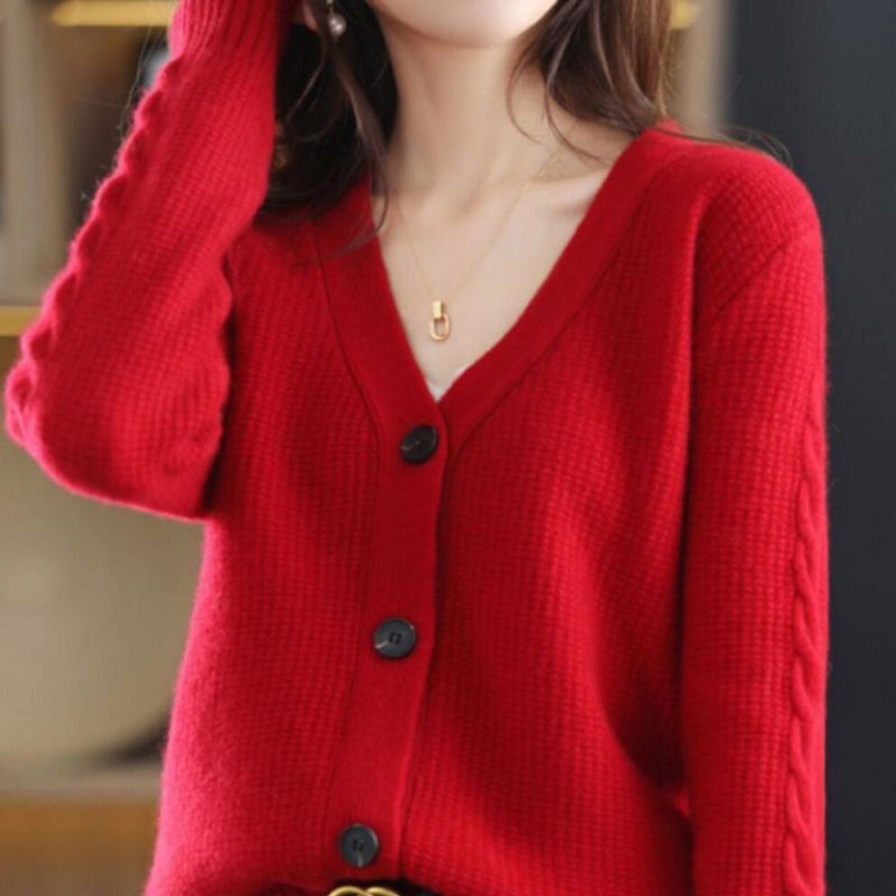 (One Size, red) Fashion high-end women knitting sweater cardigan women 2022 spring and autumn new V-neck solid cardigan sweater female coat top