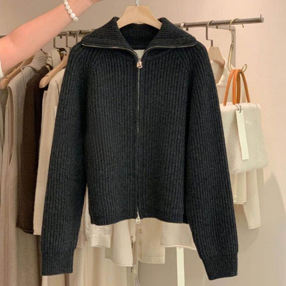 (One Size, black) Knitted cardigan women autumn and winter high collar vertical strip solid long sleeve lapel outerwear sweater cardigan sweater