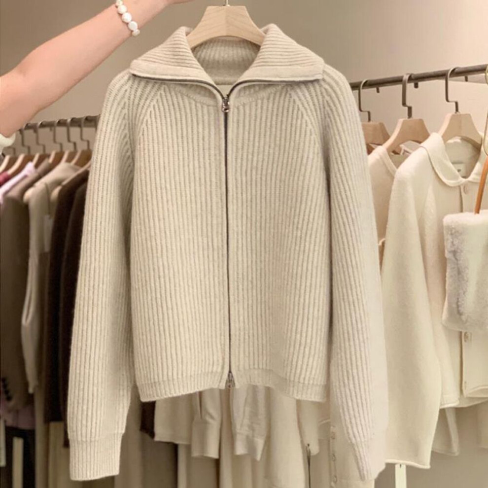 (One Size, beige) Knitted Cardigan Women Autumn And Winter High Collar Vertical Strip Solid Long Sleeve Lapel Outerwear Sweater Cardigan Sweater