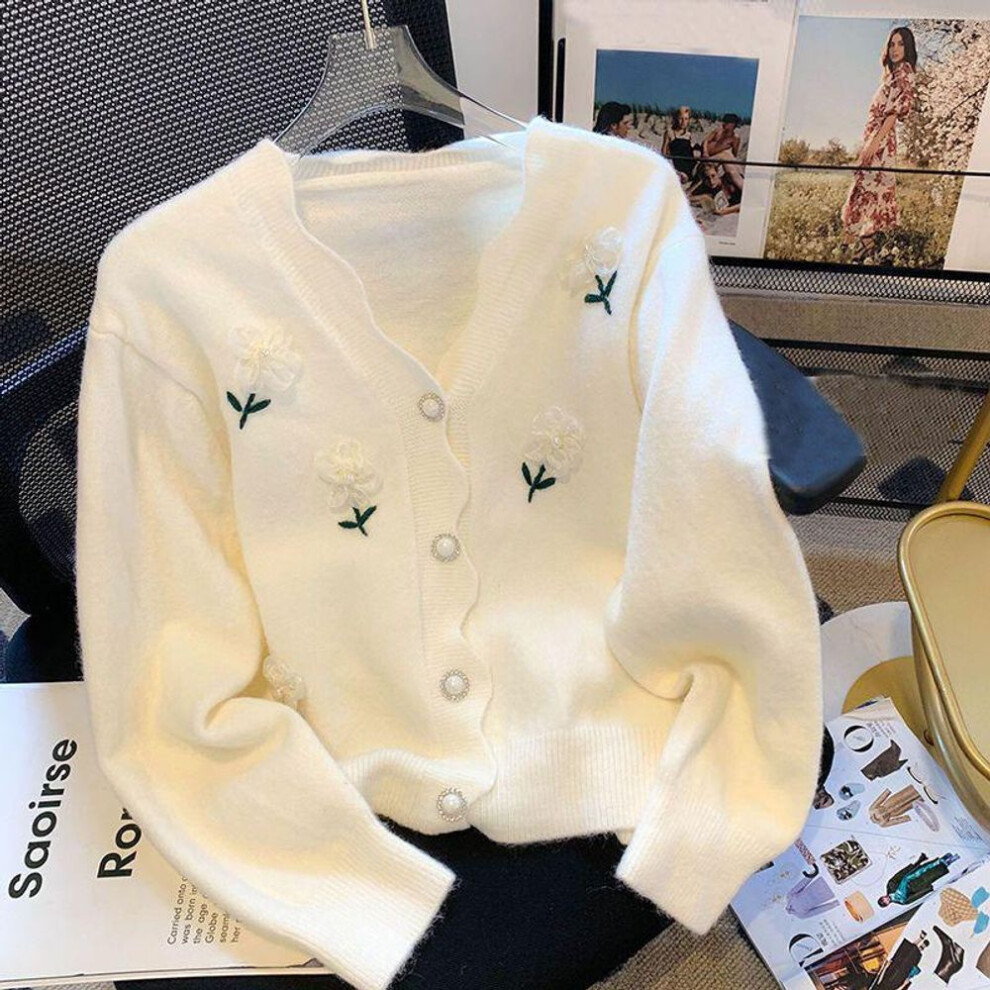 (One Size, white) Casual V-neck Long Sleeve Knitted Cardigan Sweater Women Spring and Autumn Nail Beads Lazy Style 3D Flower Cardigan Coat Top
