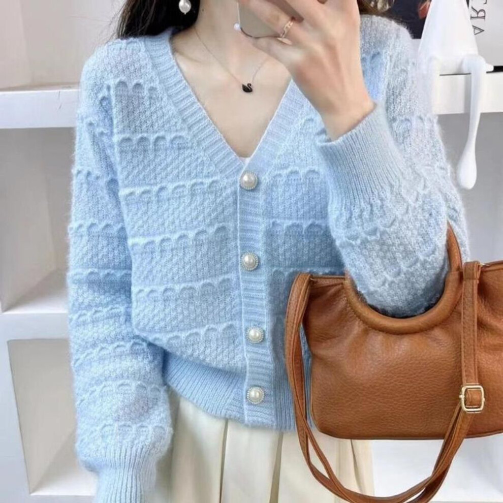 (One Size, blue) Cardigan Sweater 2023 Spring and Autumn V-neck Solid Knitted Cardigan Coat Women Korean Loose and Slim Soft Waxy Cardigan Top