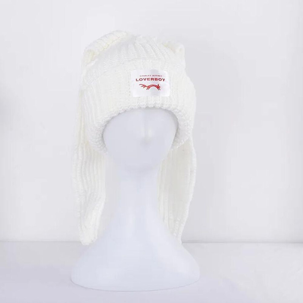 (white) Beanie Long Ear Hat Crochet Knitted Hat Cute Bunny Hat Rabbit Ears Hats For Women Winter Warm Hats Warm Caps