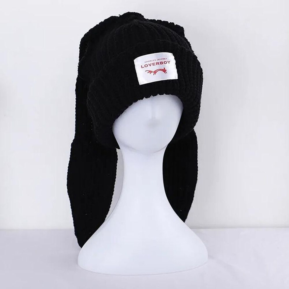 (black) Beanie Long Ear Hat Crochet Knitted Hat Cute Bunny Hat Rabbit Ears Hats For Women Winter Warm Hats Warm Caps