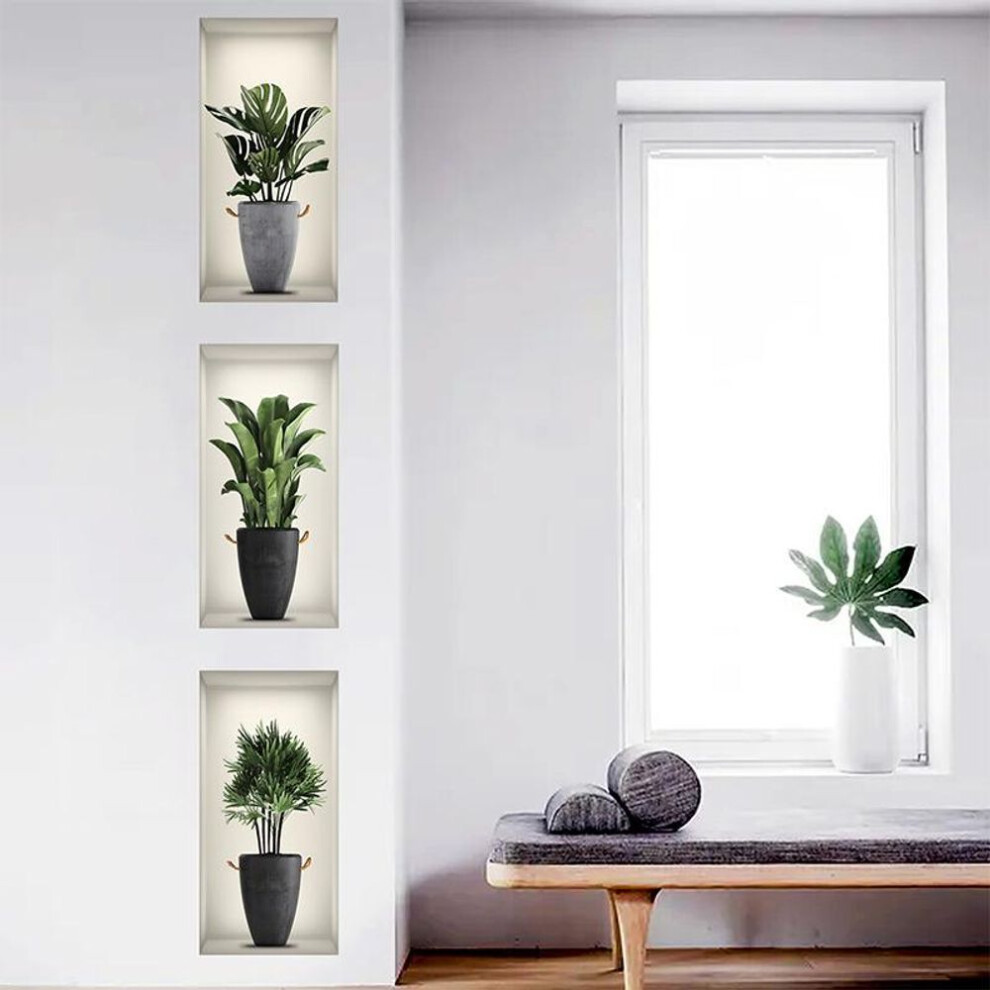 3 Sheets Green Plant Potted Plant Wall Sticker 3D False Window Wall Decals