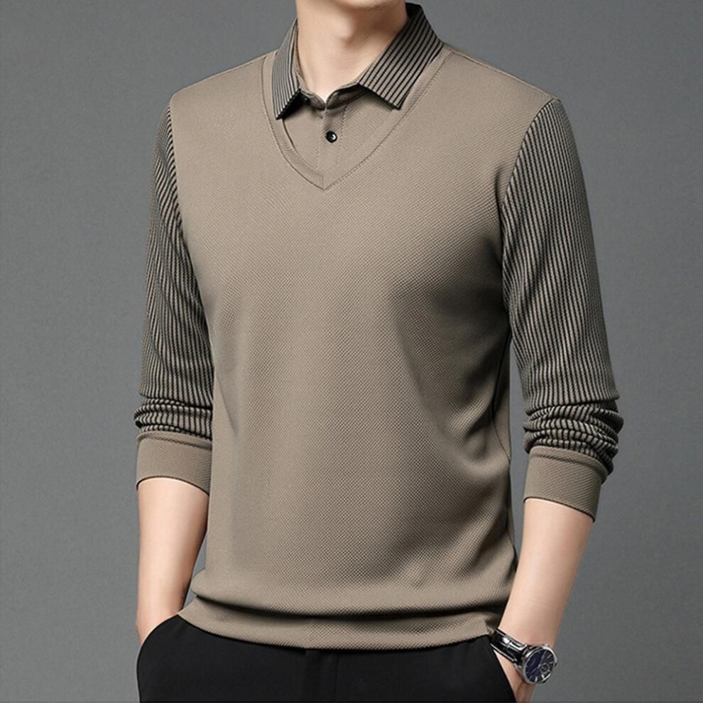 (khaki, 3XL) Men&apos;s Oversized Spring Autumn Long Sleeve Polo Shirts T-shirts For Men Office Formal Clothes Undershirts Tops Blouse