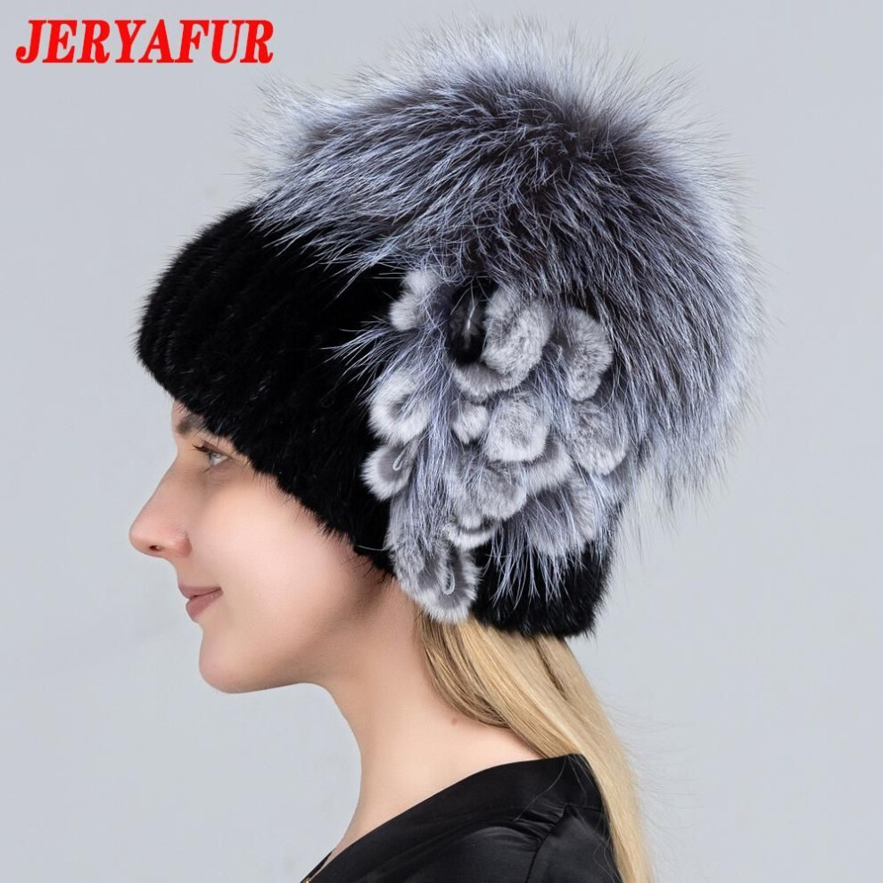 (as the picture) Jeryafur Women&apos;s Fur Hats Fluffy Winter Warm Knitted Natural Mink Fur Hats Fashion Top Hats Women&apos;s Natural Fur Hats