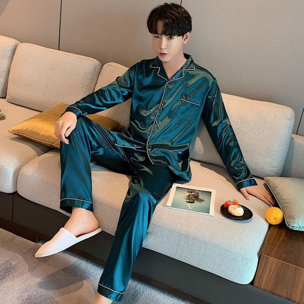 (3XL, as the picture) Sleepwear Men Silk Satin Solid Color Pajama Sets Long Button-down Pijama Plus Size Home Clothes Suits Pyjamas Men&apos;s Loungewear