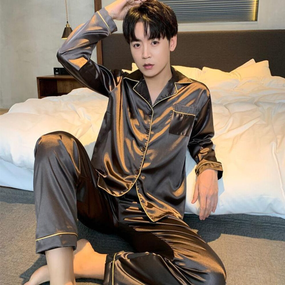 (2XL, as the picture) Sleepwear Men Silk Satin Solid Color Pajama Sets Long Button-Down Pijama Plus Size Home Clothes Suits Pyjamas Men&apos;s Loungewear