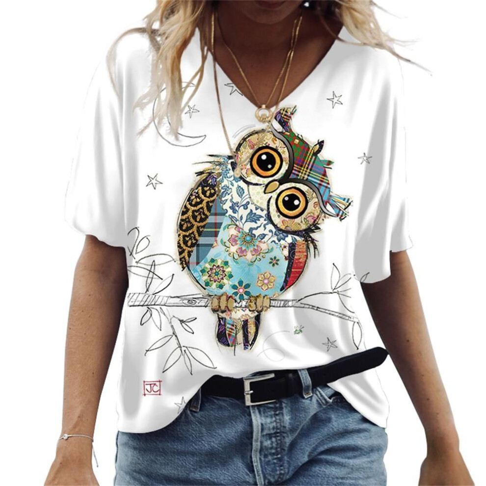 (S, green) Women&apos;s V-Neck Short Sleeve Tilted Owl Printed Tops Loose T-Shirt Casual Blouse