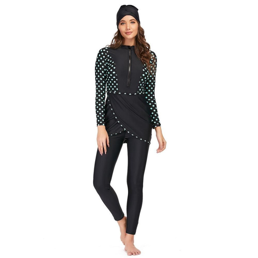 (L, green) Muslim Swimwear Women Modest Patchwork Hijab Long Sleeves Sport Swimsuit Islamic Burkinis Wear Bathing Suit