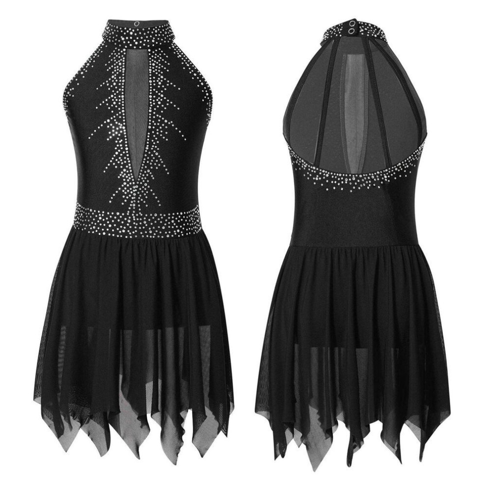 (black, 13-14 Years) Kids Girls Sleeveless Rhinestones Halter Neck Skating Leotard Dress Lyrical Modern Dance Costume