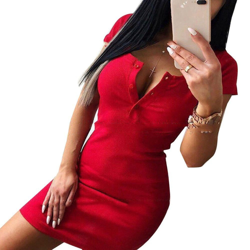 (red, XL) Ladystyle Short Sleeve V Neck Chest Buttons Ribbed Bodycon Knitted Mini Dress