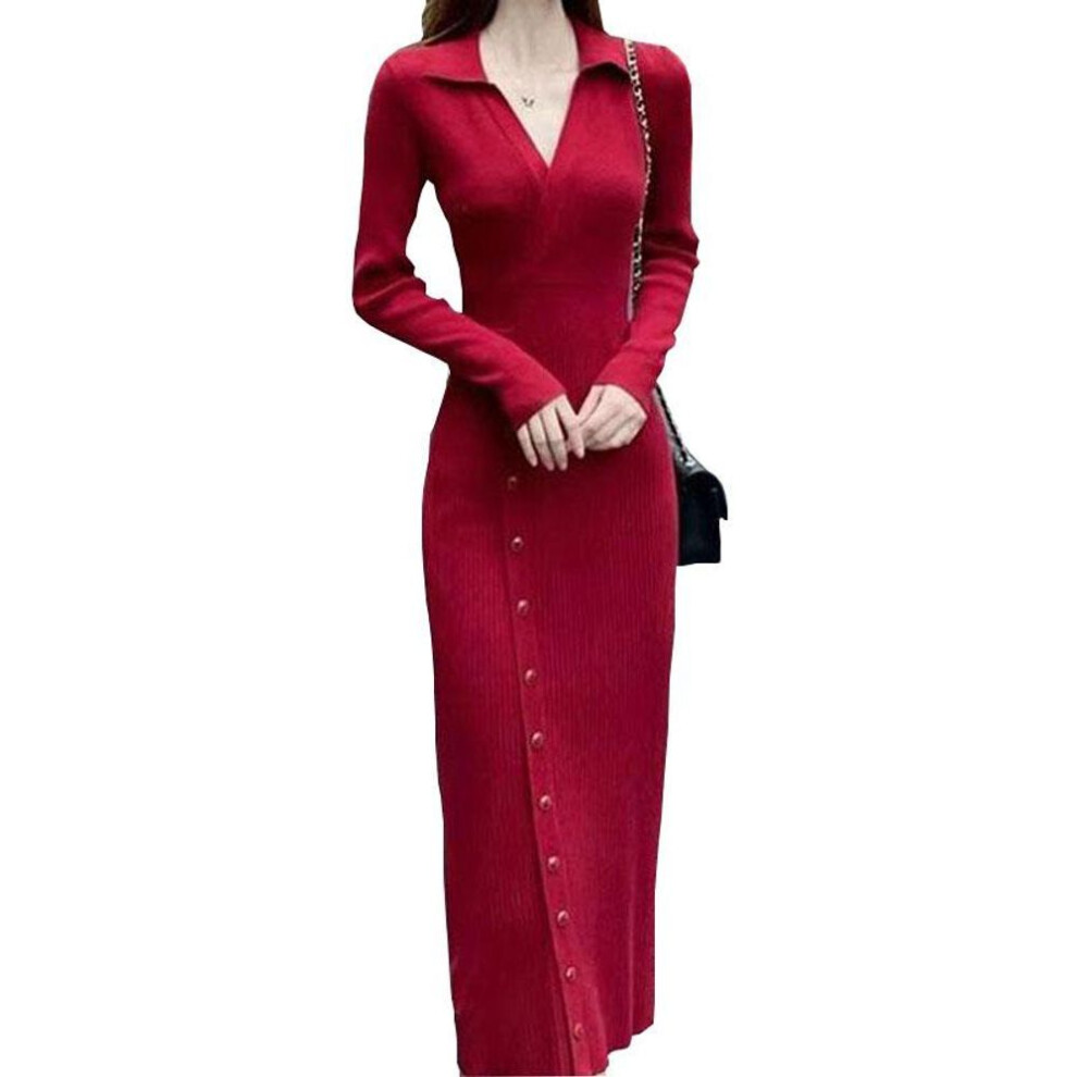 (red, One Size) French Vintage POLO Knitted Sweater Dress Women Autumn/Winter Solid Long Sleeve Mid length Sweater Dress Pullover Female