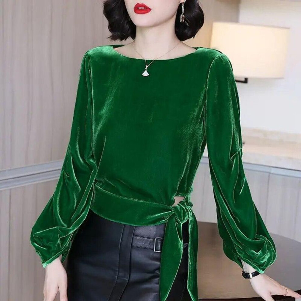 (XXL, green) Lantern Sleeve Female Blouse Gold Velvet Dress Female Design Autumn And Winter Blouse Solid Long Sleeve O Neck Blouse Clothing
