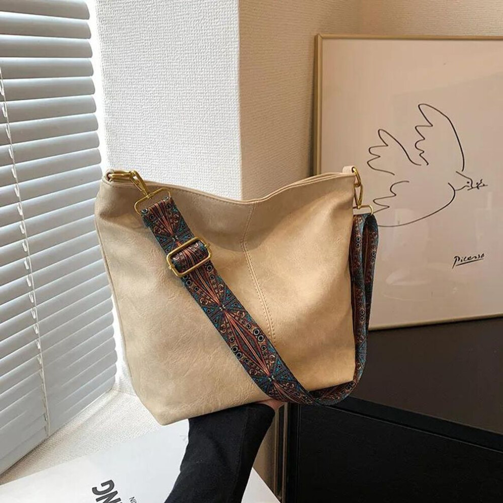 (beige, 24x12x26cm) Vintage Women&apos;s Shoulder Bag PU Leather Bucket Crossbody Messenger Bag, Shopping Tote Purse