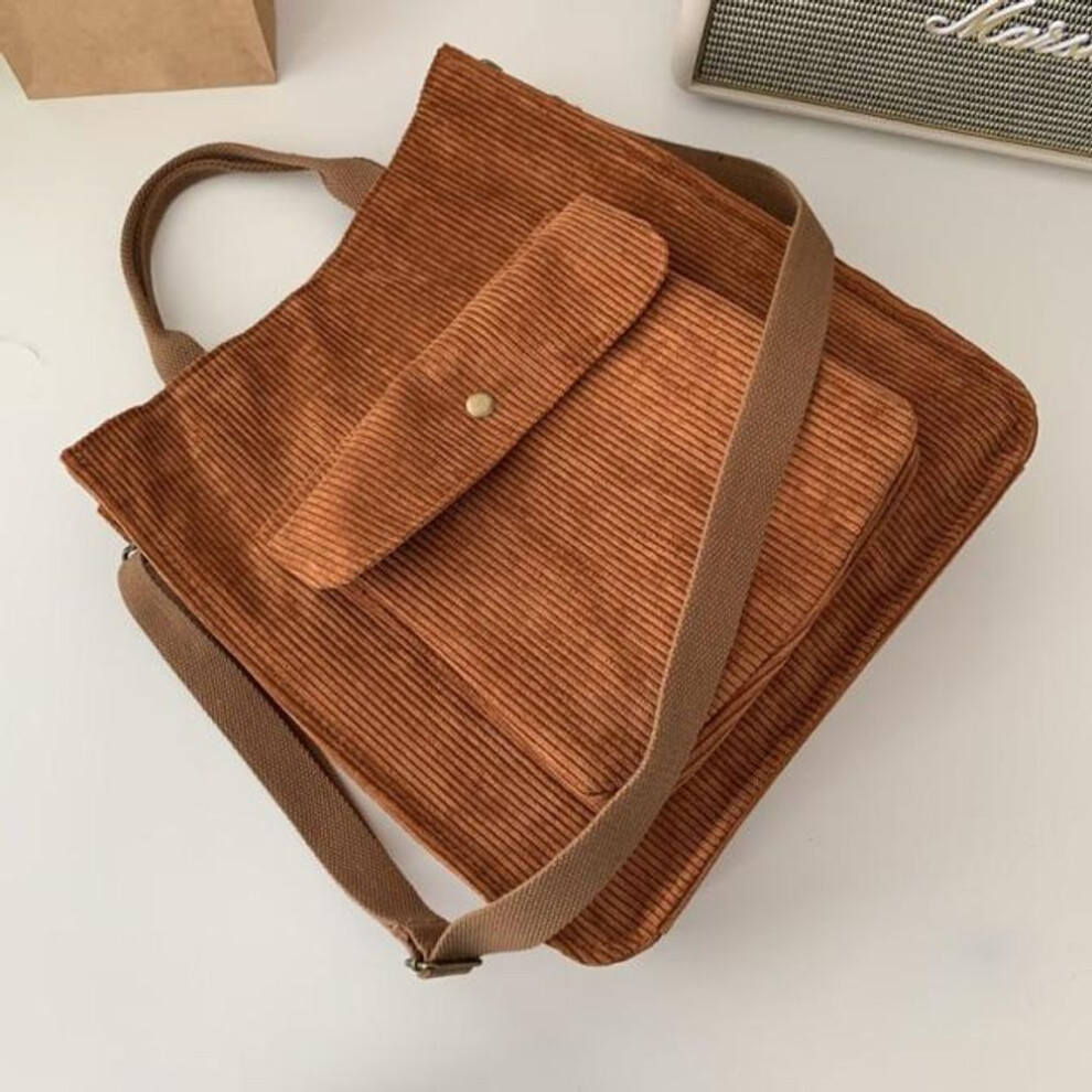 (brown) Corduroy Shoulder Bag Women Shopping Bags Zipper Girls Student Bookbag Handbags Casual Tote With Outside Pocket