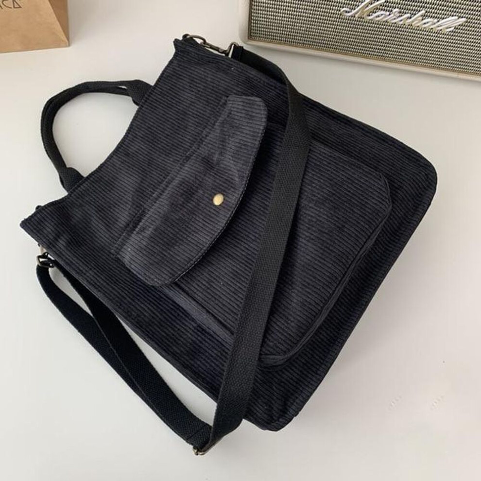 (black) Corduroy Shoulder Bag Women Shopping Bags Zipper Girls Student Bookbag Handbags Casual Tote With Outside Pocket