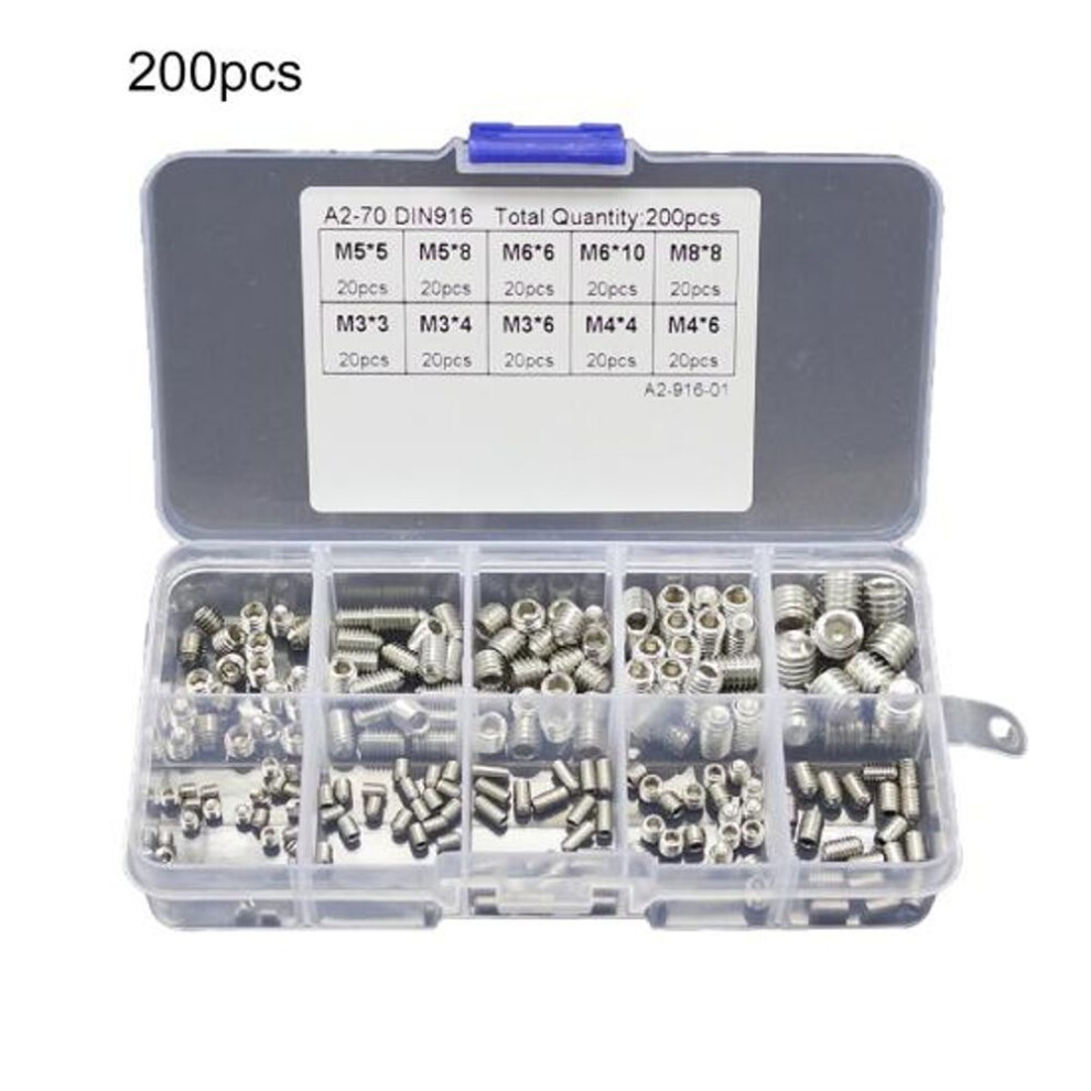 200pcs M3/4/5/6/8 Stainless Steel Allen Head Socket Hex Set Grub Screw Cup Point