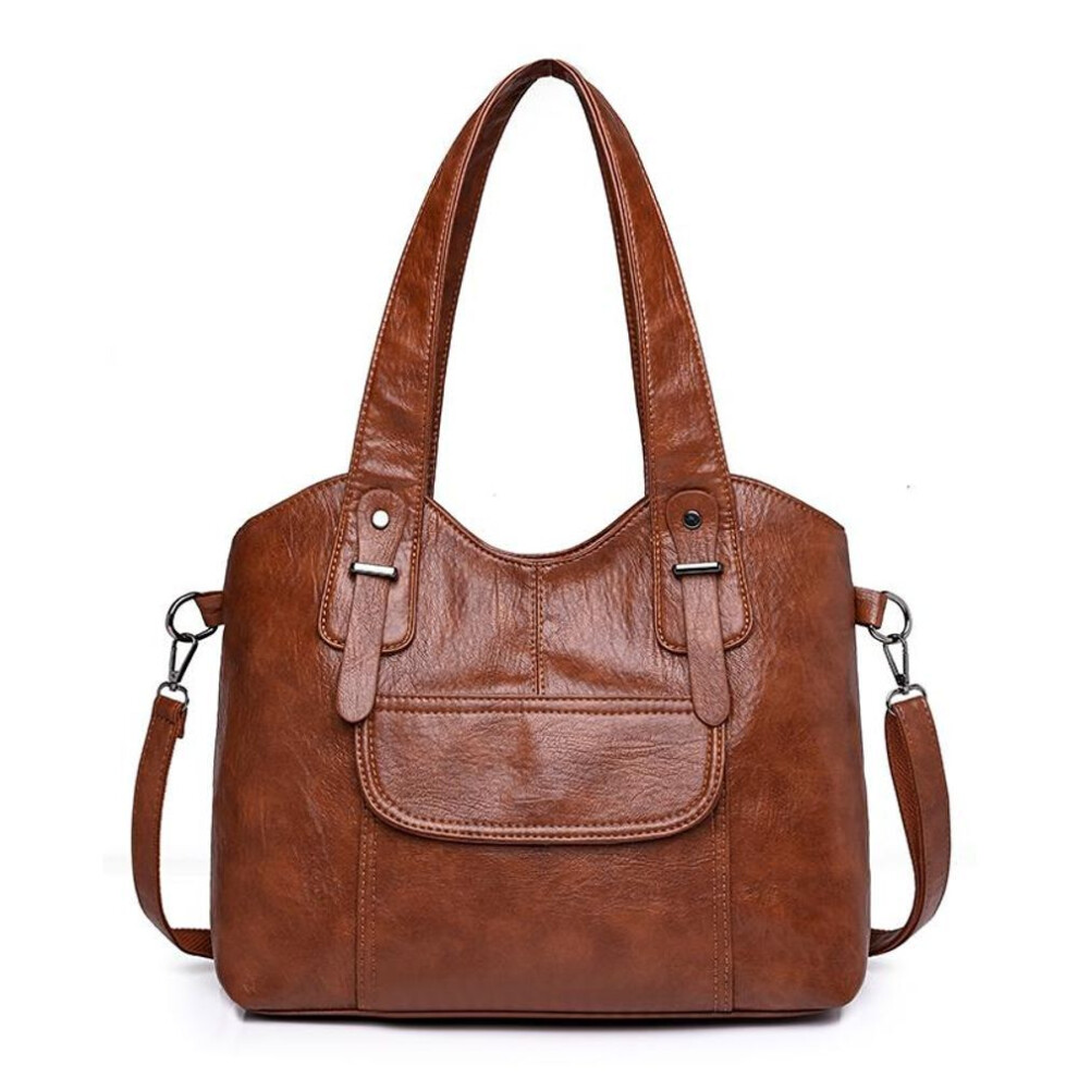 (brown) Women'S Elegant Solid Color PU Leather Shoulder Bag With Zipper Closure Polyester Lined Tote Versatile Handbag For Work And Daily