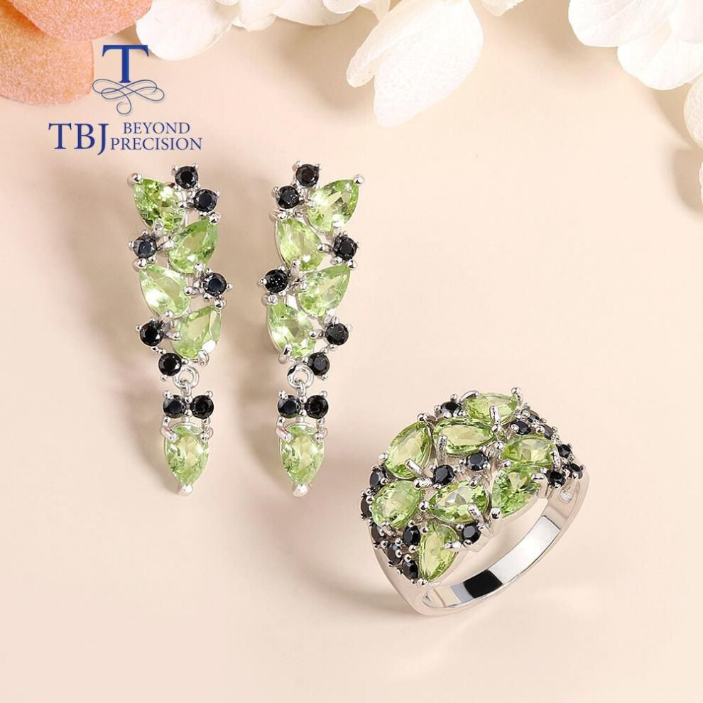 (green, us ring size 10#) Creative design  Peridot Jewelry set natural Gemstone Earring Ring 925 steling siver fine jewelry for women nice gift