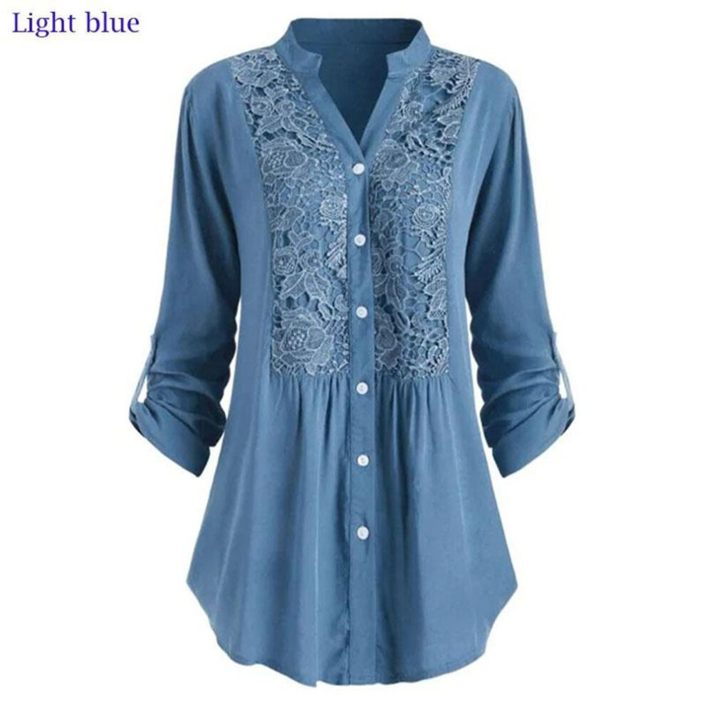 (XXL, light blue) Xs-5xl Plus Size Lace Blouse Autumn&winter New Fashion Women`s Blouse Tops V-neck Tunic Shirts Button Long Sleeve Shirts