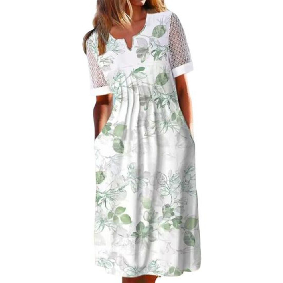 (white, M) Pockets Summer Dress Anti-pilling Popular Floral Cocktail Tunic Long Streetwear Dressing Up